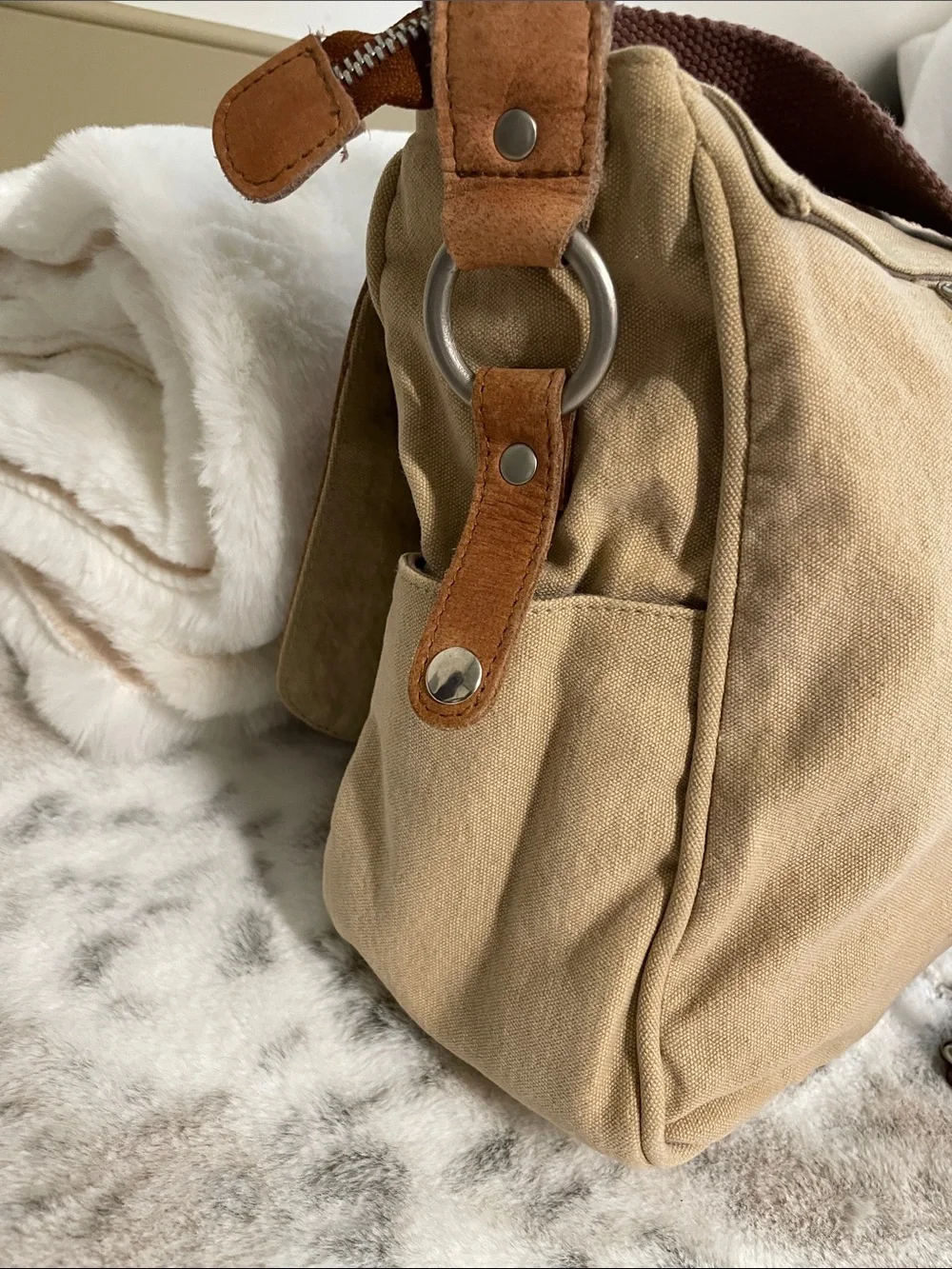 Mo&Co Canvas and Brown Leather Woven Messenger Bag -